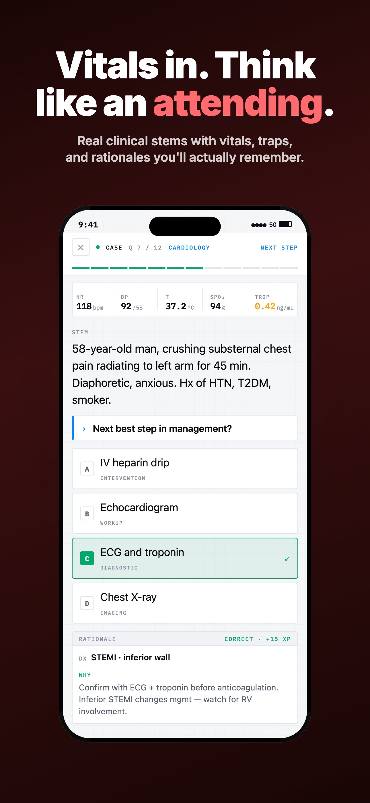 Quiz screen β clinical vignette with rationale
