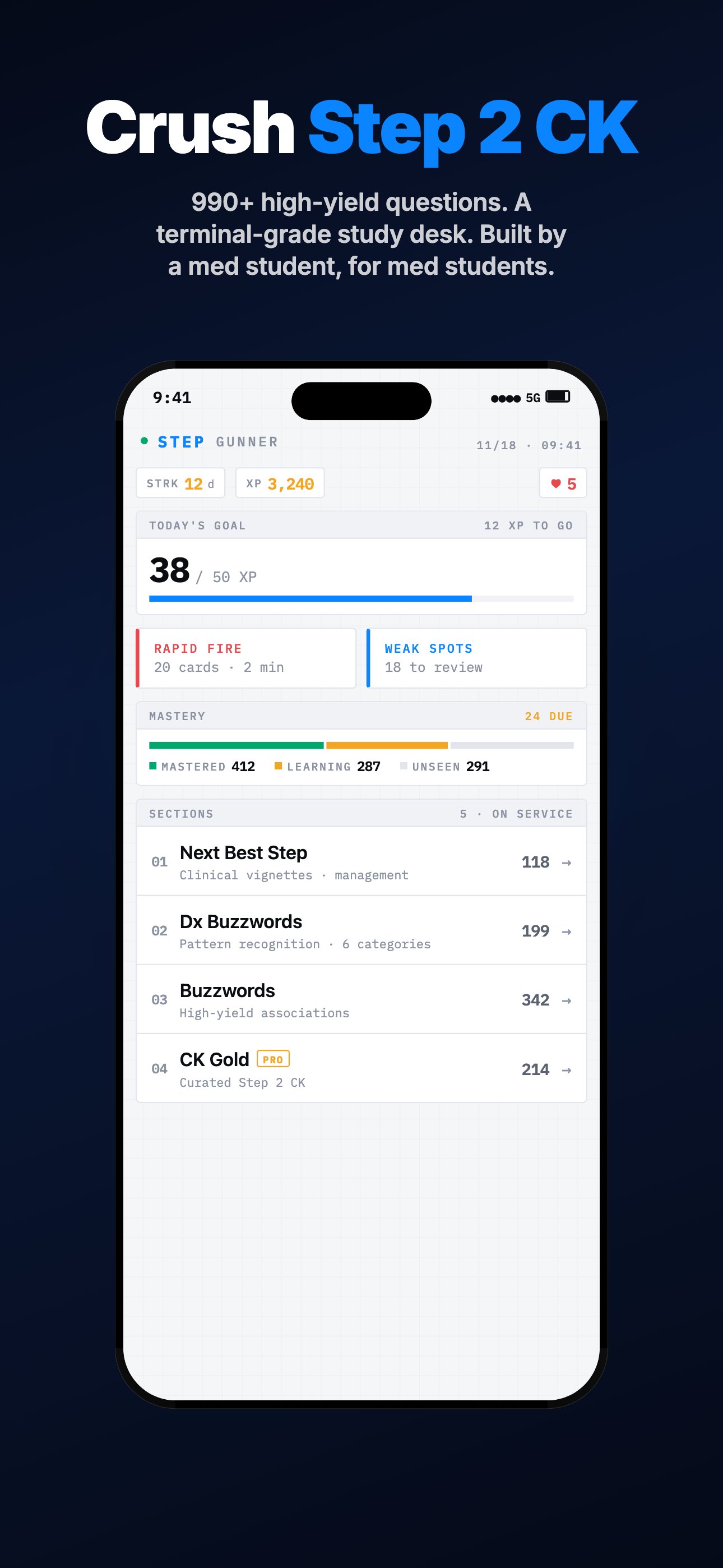 Step Gunner home β XP, streaks, leaderboards